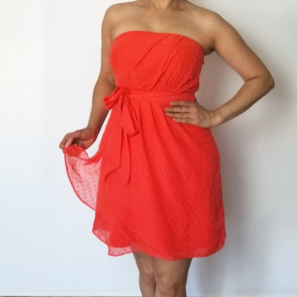 Express Belted Strapless Ruffle Coral Orange Flare Dress Size 0